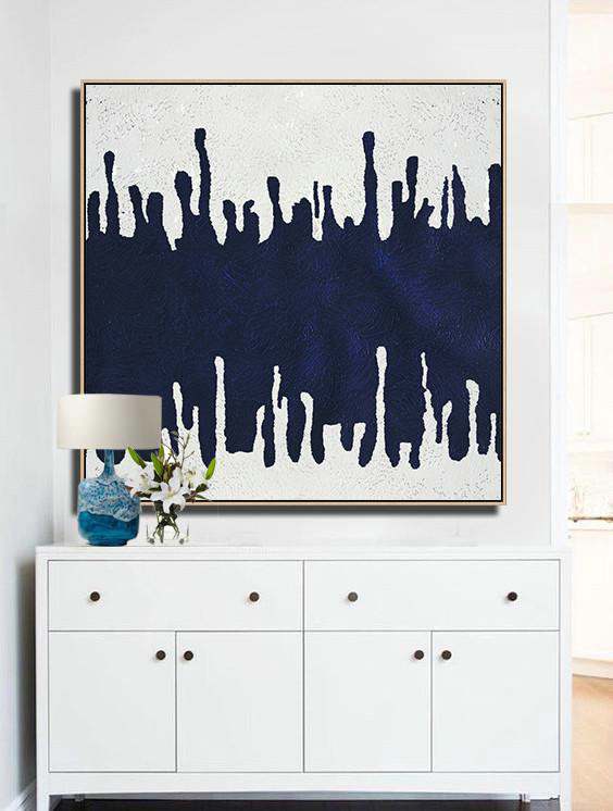 Large Abstract Art,Minimalist Navy Blue And White Painting,Hand Painted Canvas Art